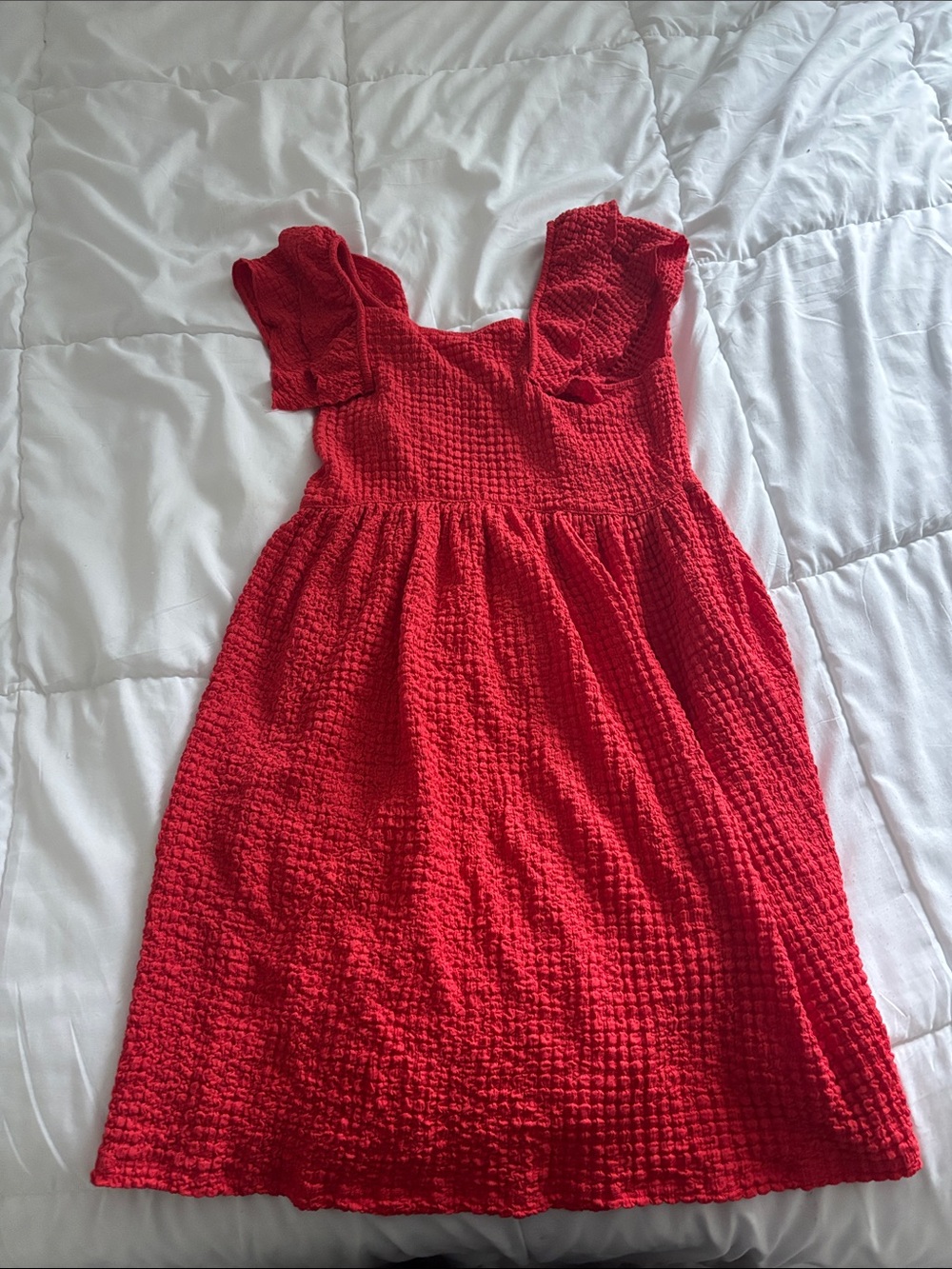 Zara Bright Red Textured Flutter-Sleeve Dress